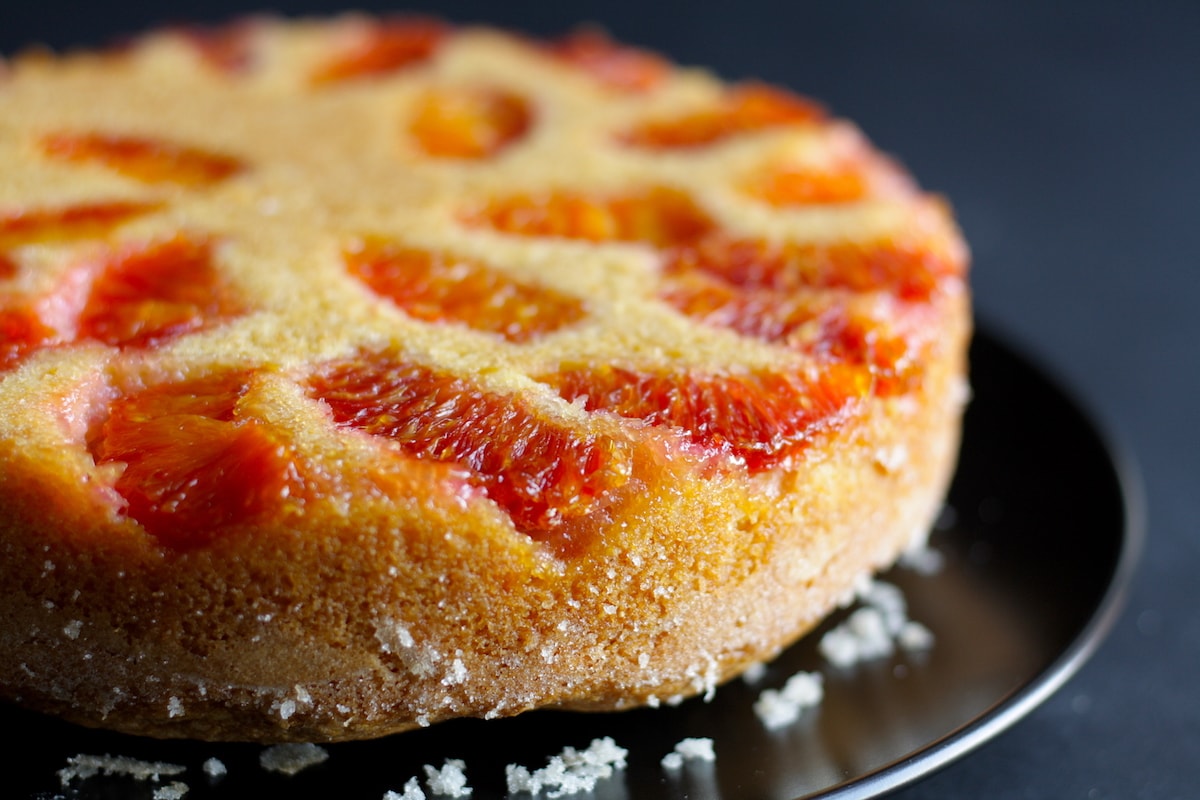 Closeup on the blood orange cornmeal cake